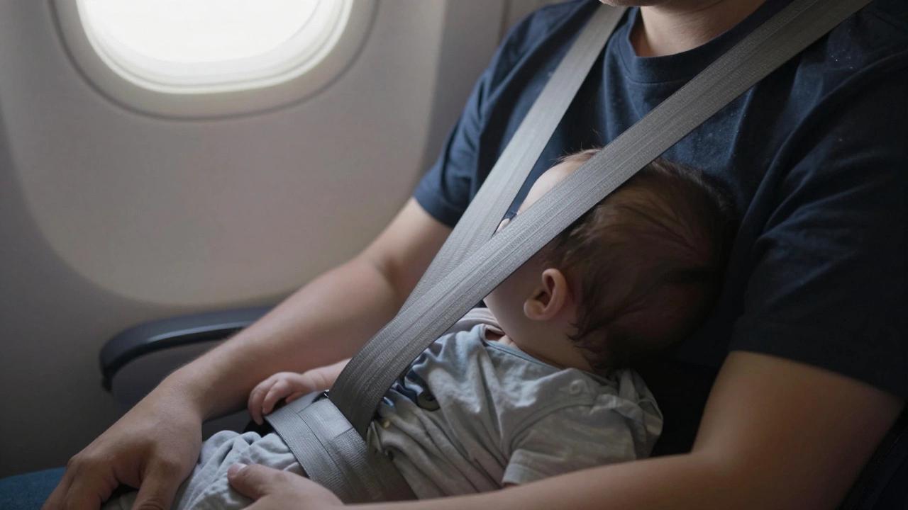 Parent holding a baby securely with a seatbelt during an airplane flight