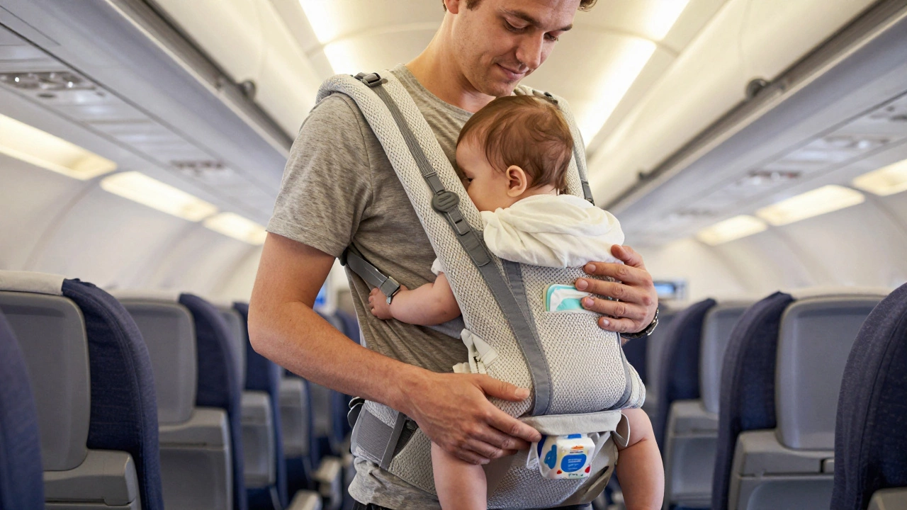 Parent soothing a baby in a breathable mesh carrier inside an airplane galley