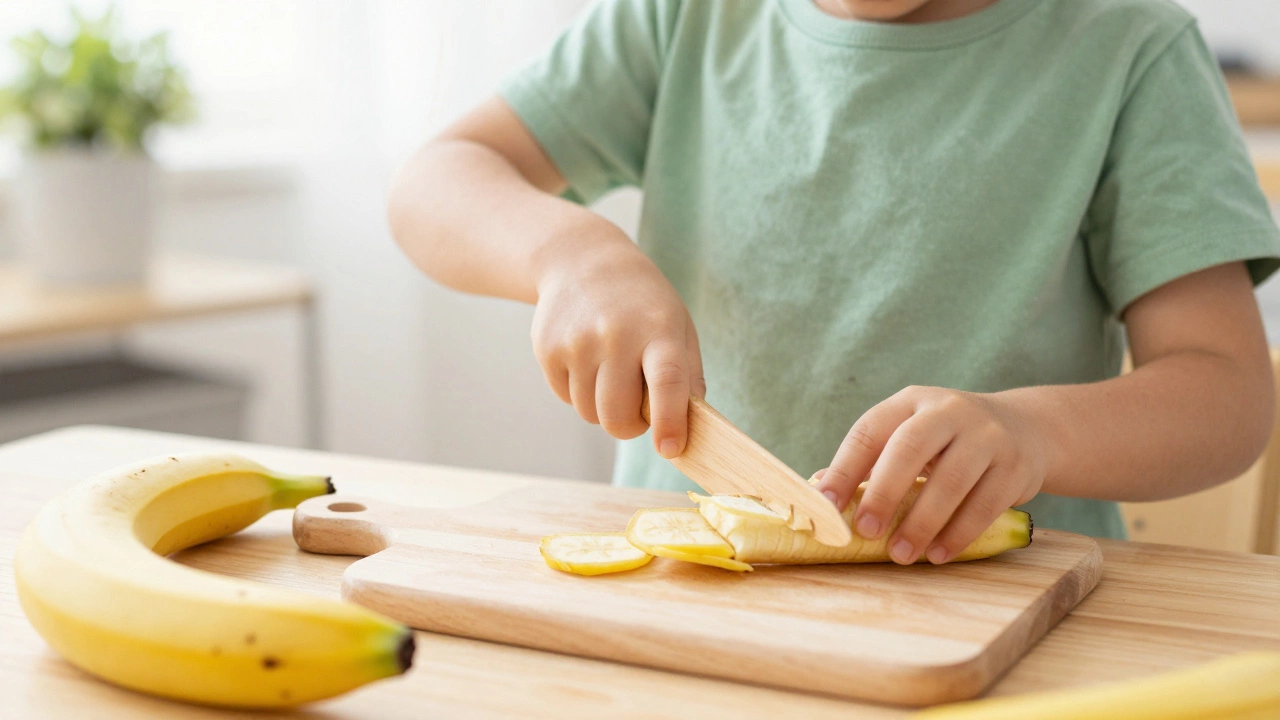 Child slicing a banana with a wooden knife, demonstrating practical life skills.