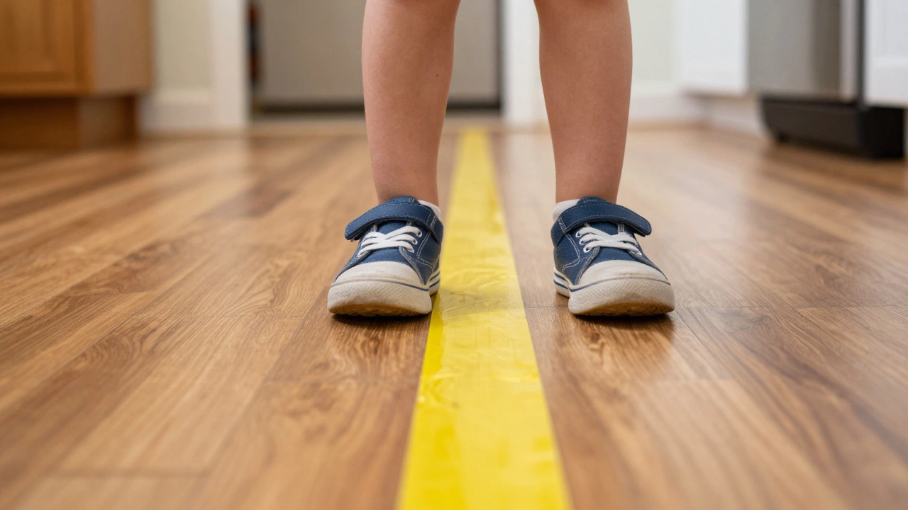 Child stopping at yellow tape line on floor near kitchen
