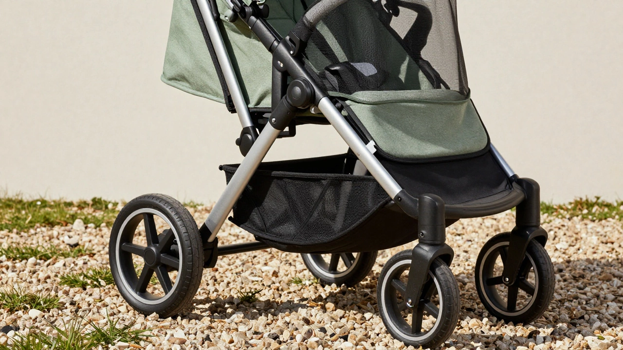 Close up of Bugaboo Fox 3 wheels and handle
