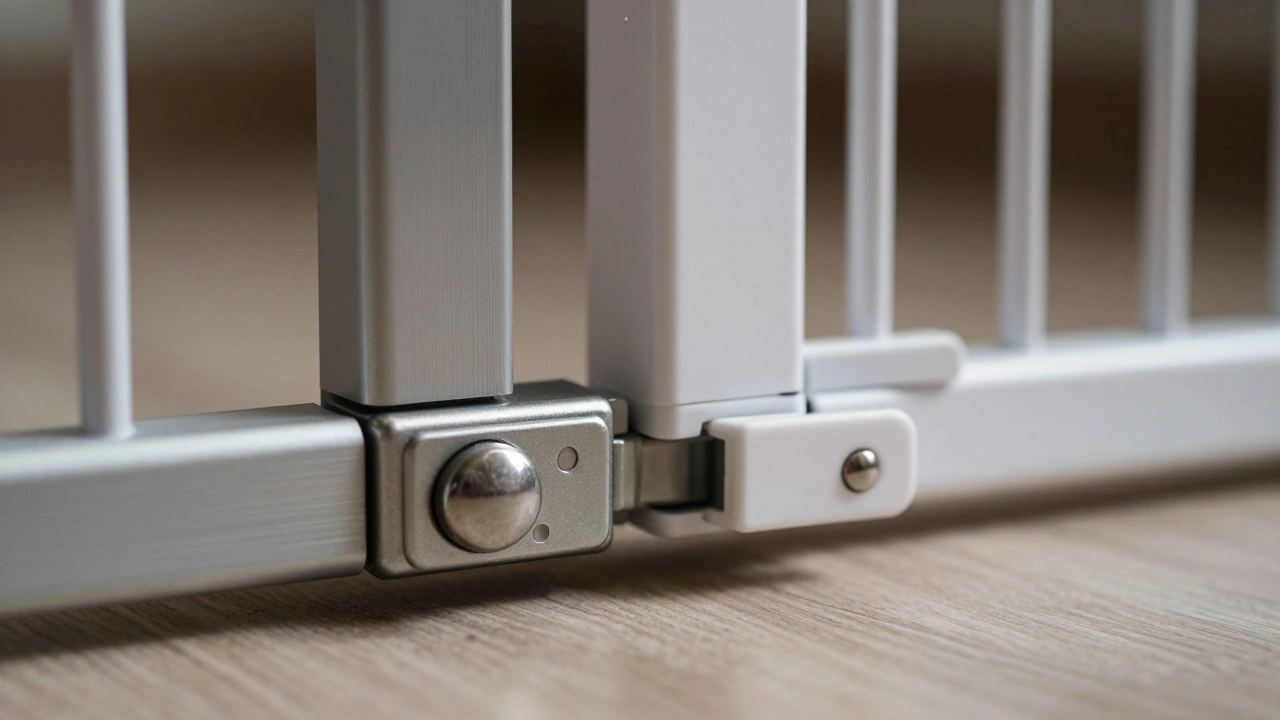 Close-up of simple pet gate latch versus secure high-placed baby gate lock
