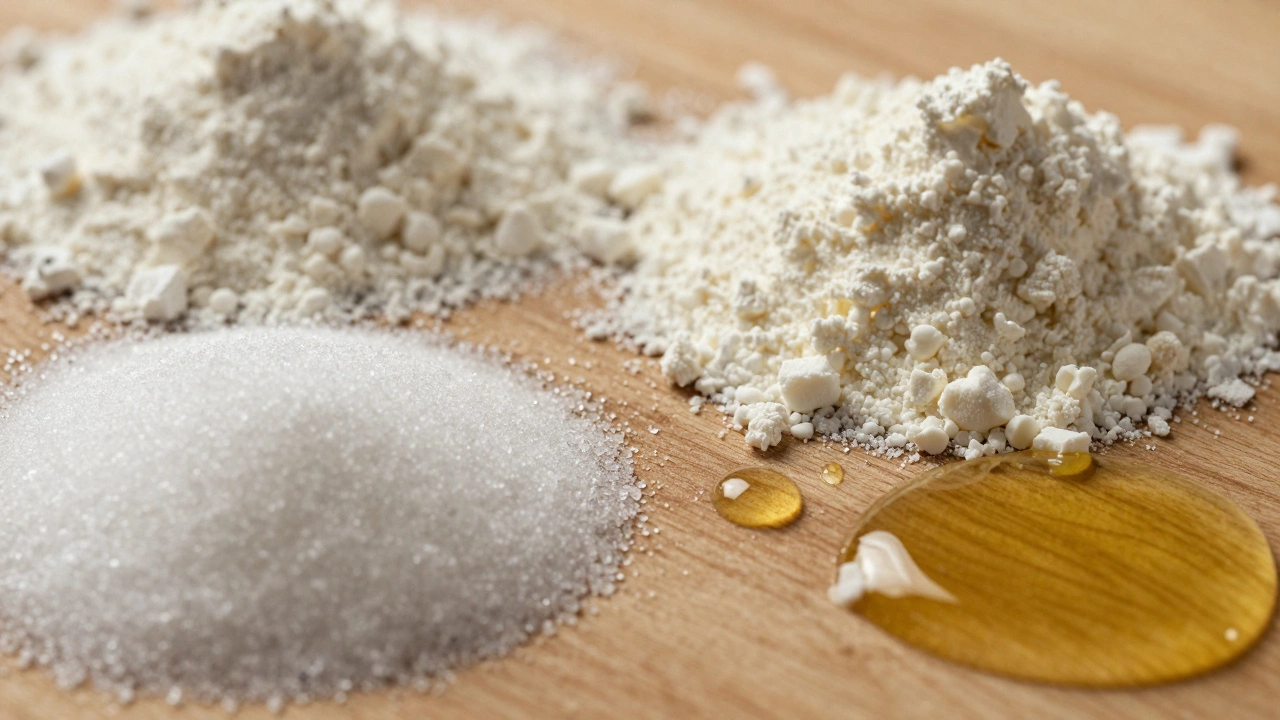 Close-up of vintage formula ingredients: sugar, milk powder, and oil