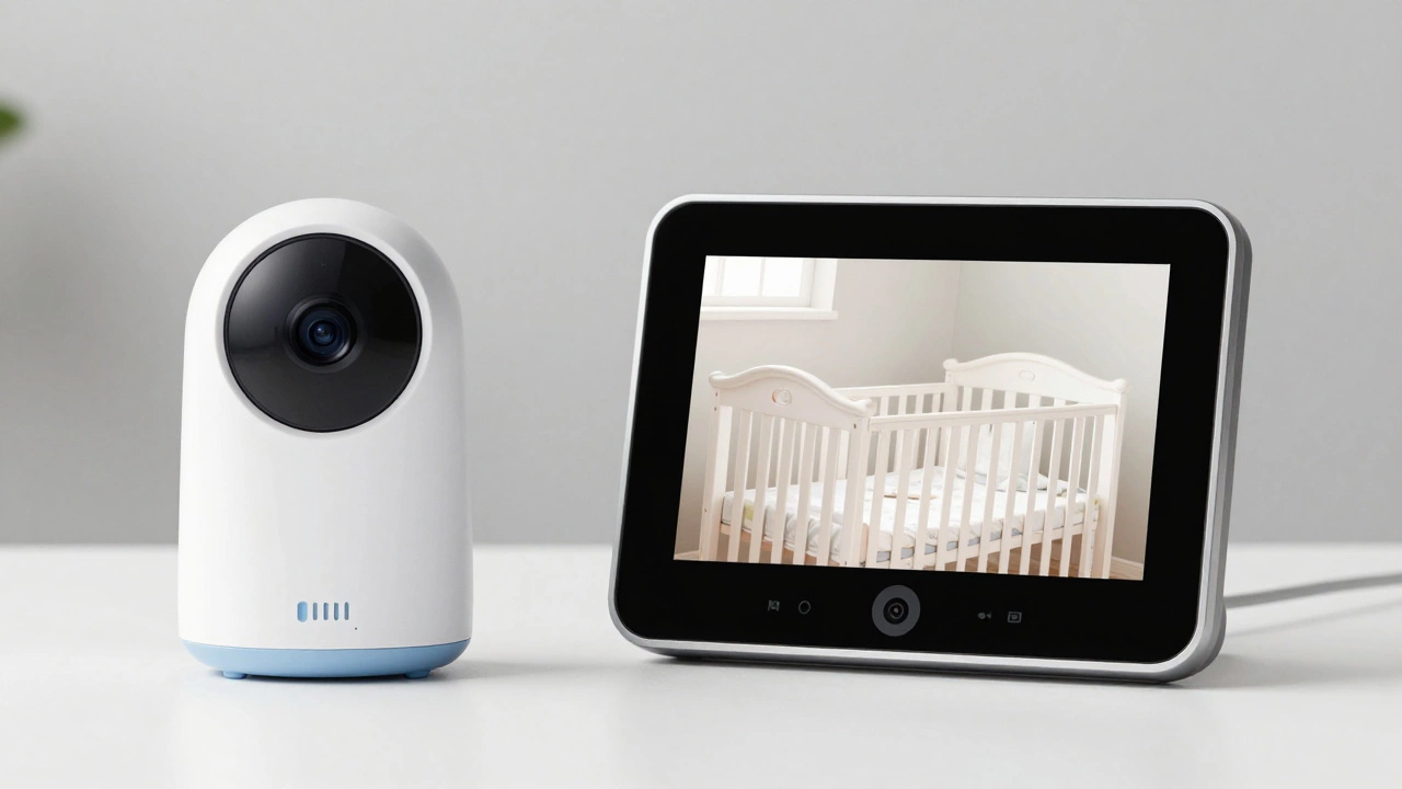 Comparison of audio and video baby monitors on a white surface.
