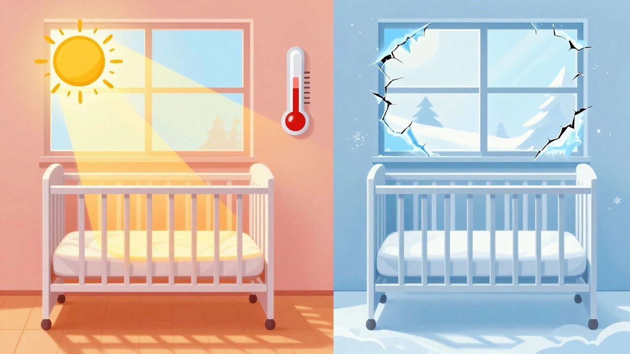Crib exposed to extreme heat from sun and cold drafts from window