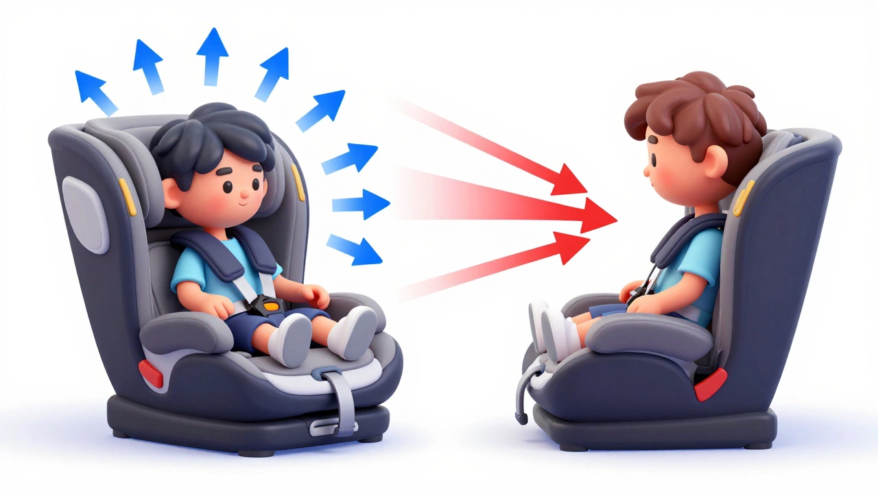 Diagram comparing safe rear-facing vs dangerous forward-facing crash forces.
