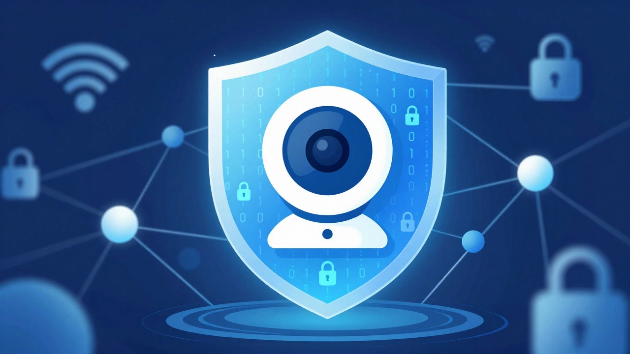Digital illustration of a baby camera protected by a security shield.
