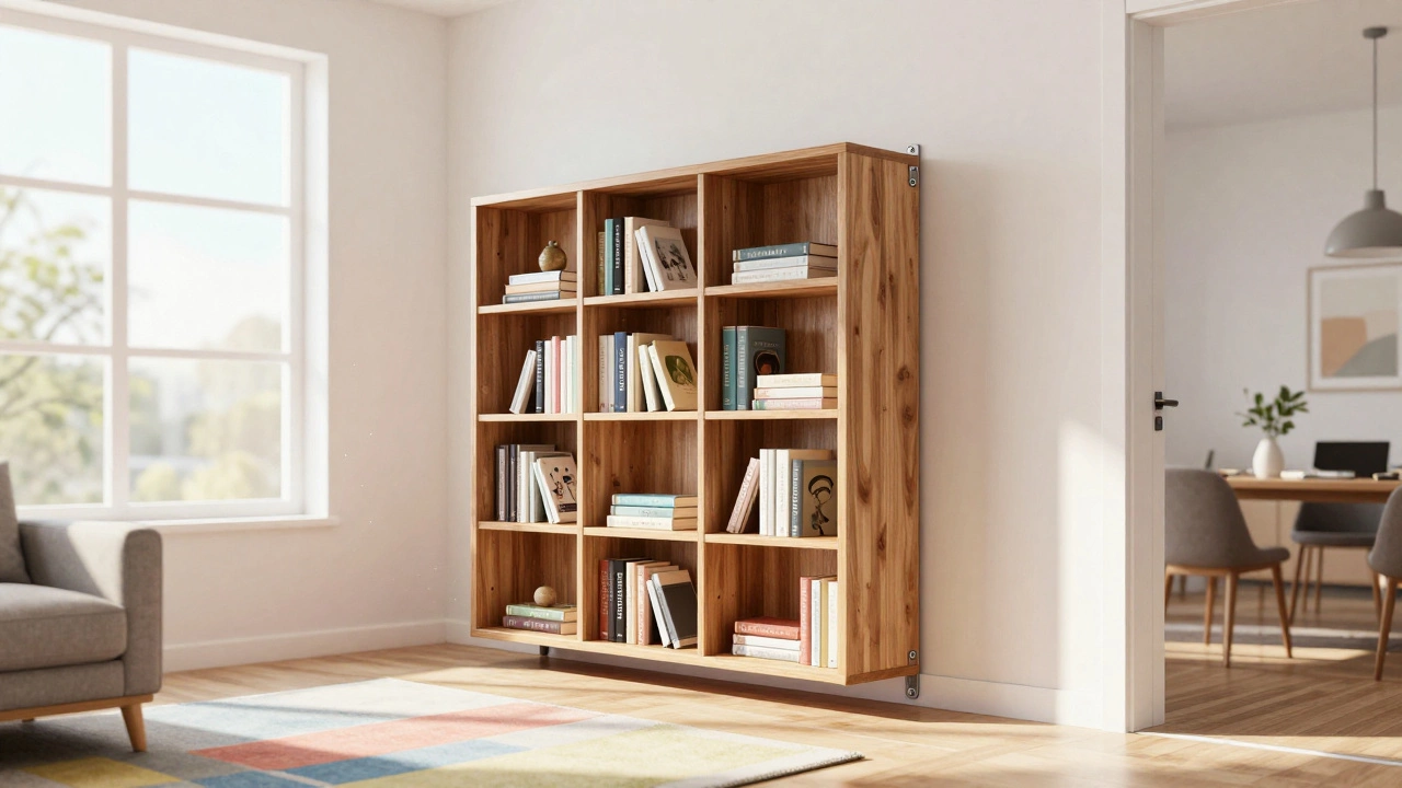 Heavy bookshelf secured against doorway as a baby barrier