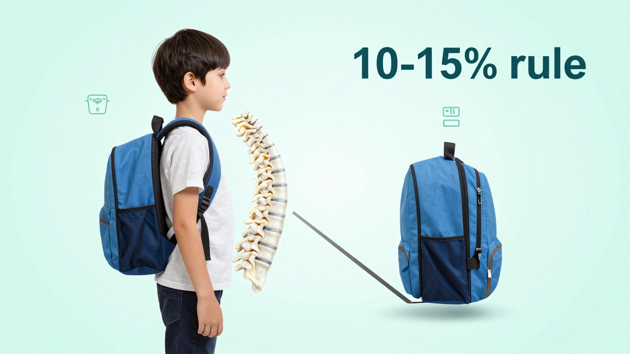 Illustration comparing proper vs improper backpack fit on a spine