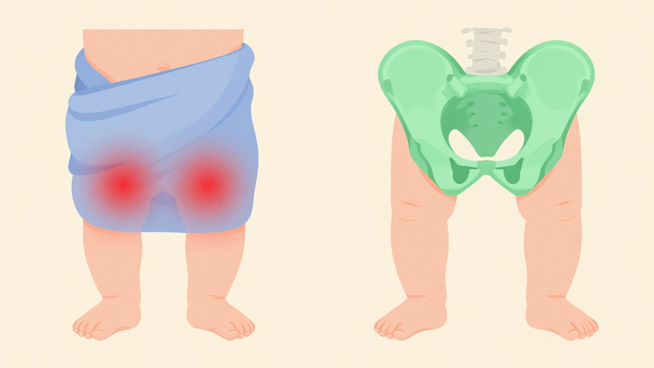 Illustration comparing unsafe straight-leg vs safe M-shape hip positions