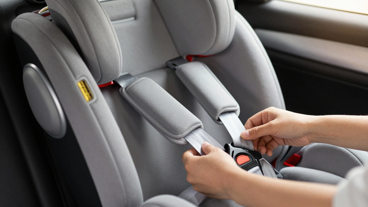 Parent adjusting harness straps and chest clip on an installed car seat.