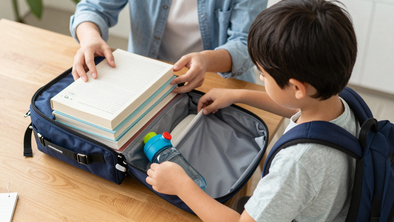 Parent and child packing a backpack correctly with heavy items close to the back