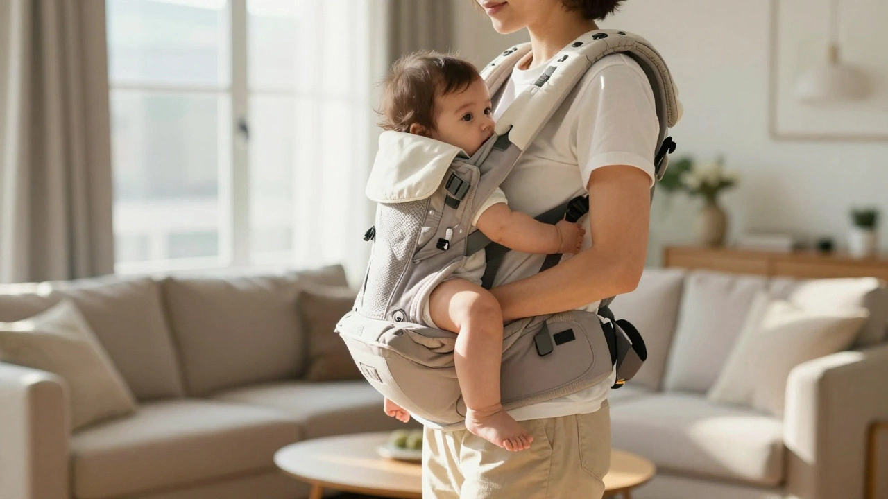 Parent carrying baby in ergonomic carrier with free arm movement