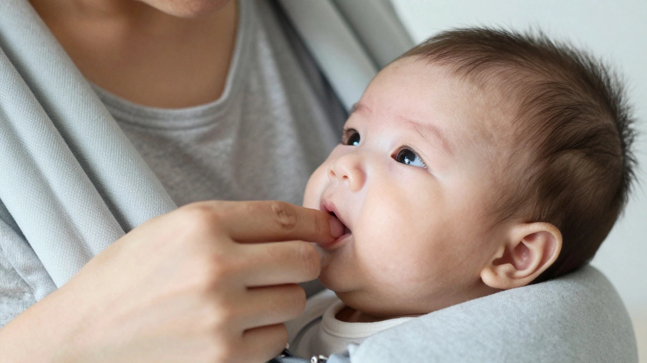 Parent checking baby's airway and chin clearance