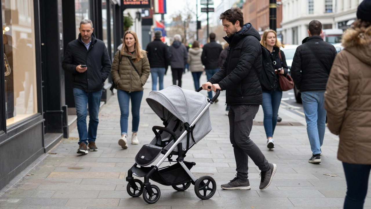 Parent pushing stroller on busy city sidewalk