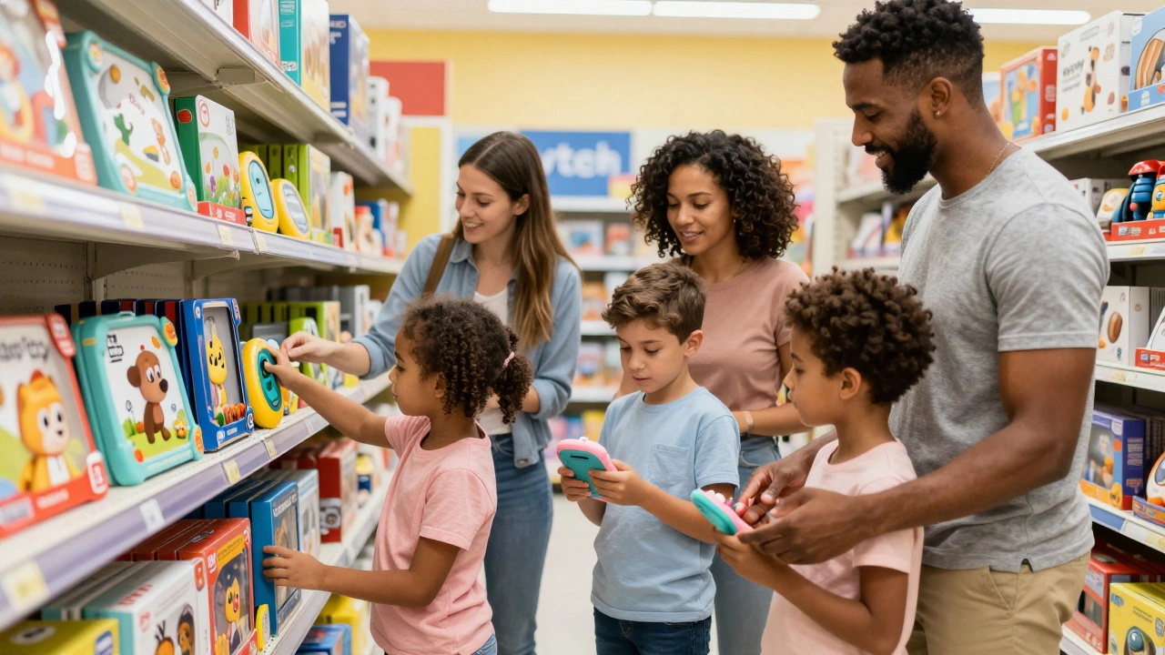 Parents shopping for modern educational toys in a store