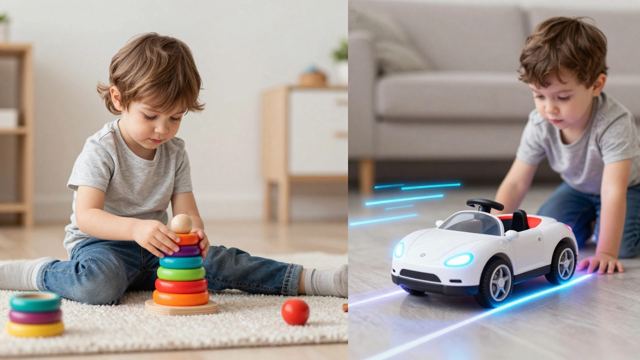 Split image comparing focused wooden ring stacking with passive electronic toy watching.