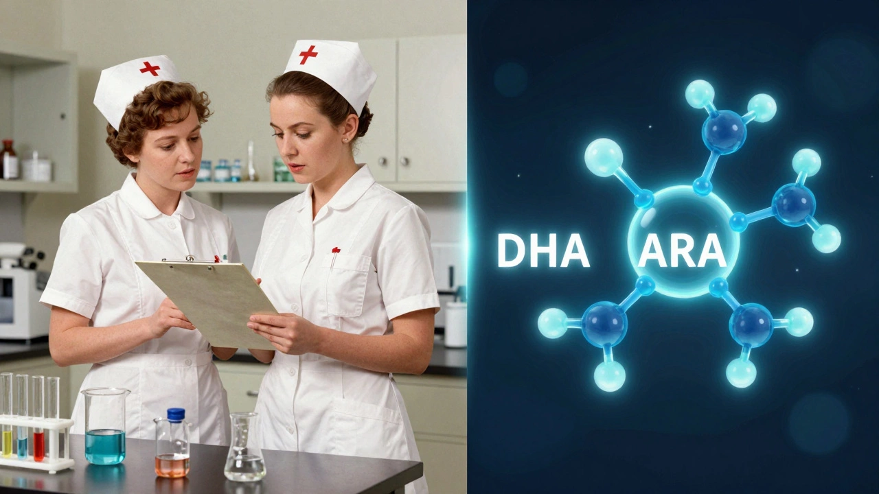 Split image contrasting 1960s lab scene with modern DHA/ARA science