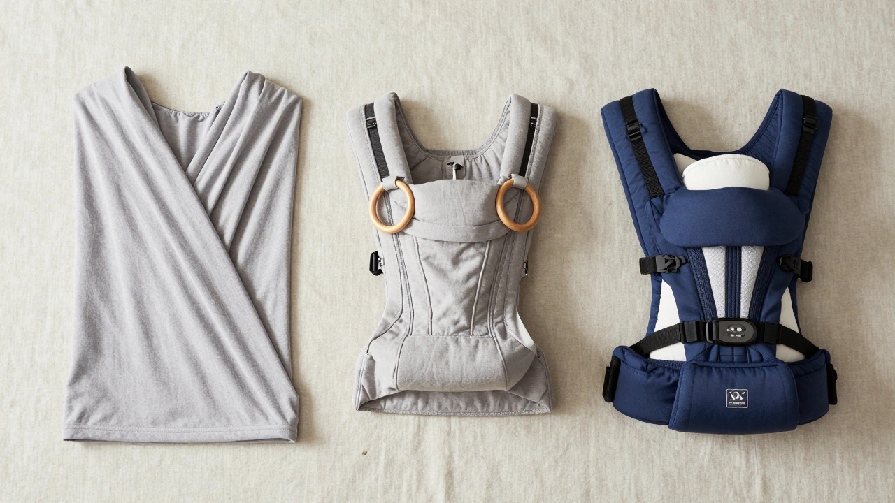 Three types of ergonomic baby carriers displayed