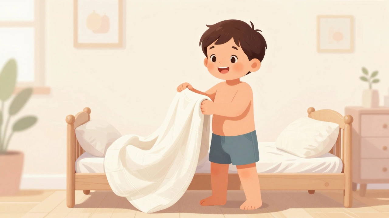 Toddler practicing with lightweight cotton blanket in new bed