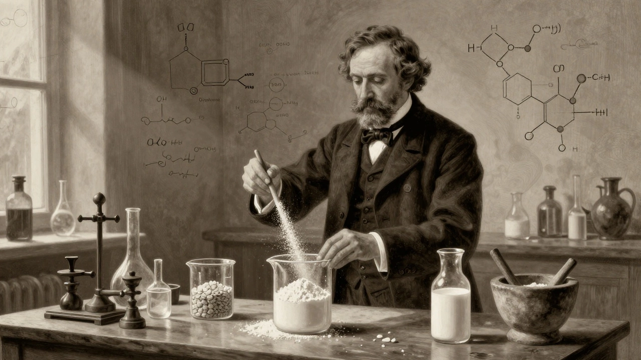 19th-century chemist preparing early scientific infant formula in a laboratory.
