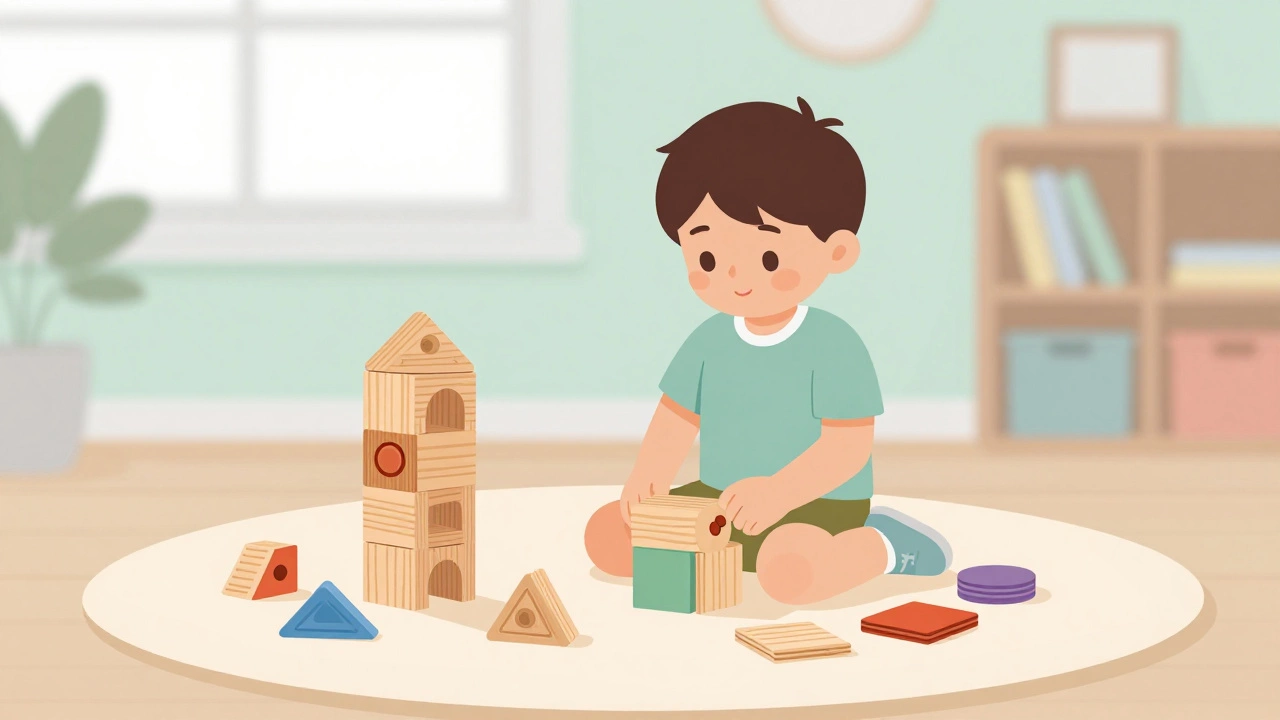 Child calmly playing with simple wooden blocks