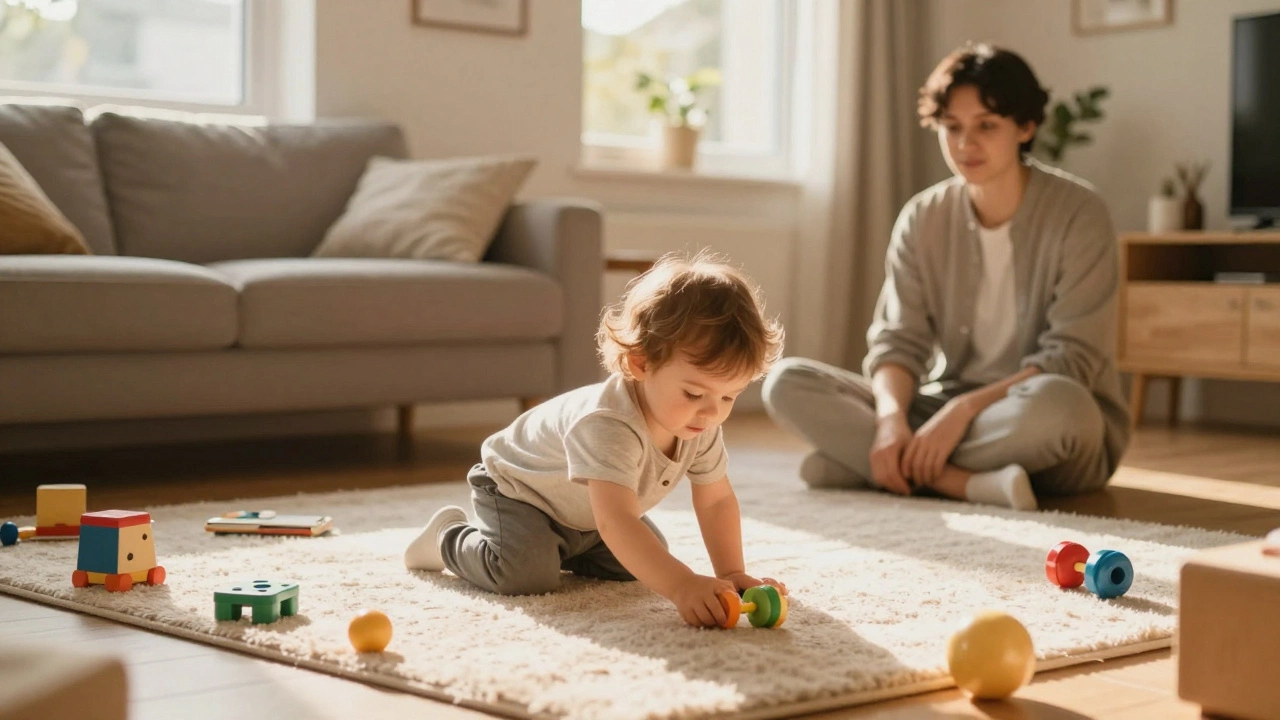 Child playing freely in living room while parent supervises
