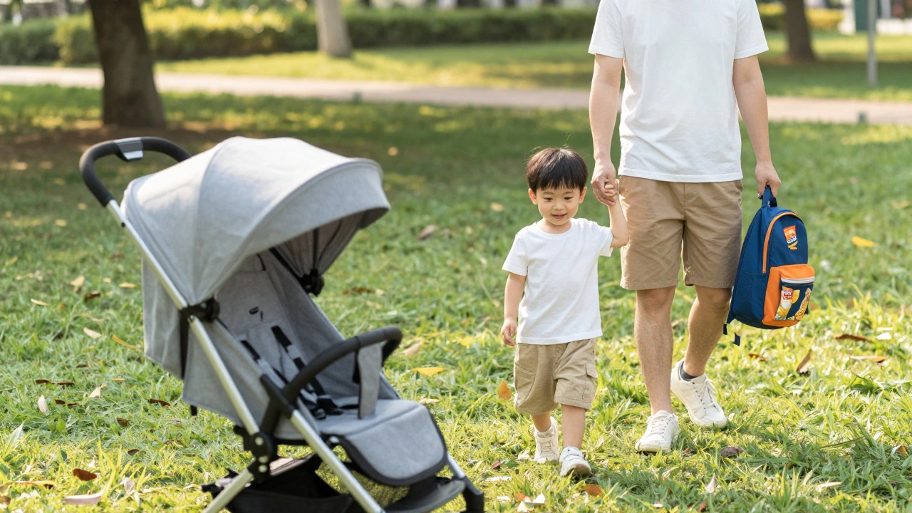 Child walking with backpack next to folded stroller in a park