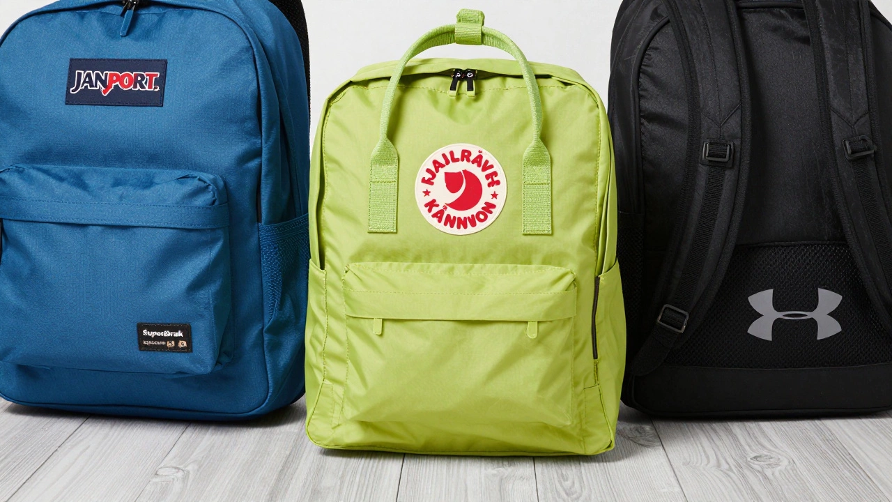 Close-up comparison of JanSport, Fjallraven, and Under Armour kids backpacks highlighting materials.