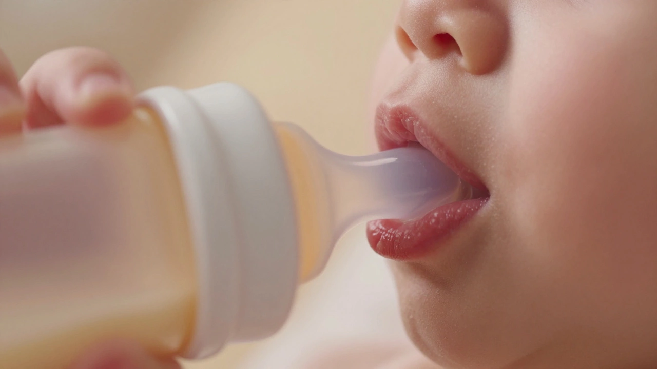 Close-up of a flexible silicone bottle nipple compressing during infant feeding