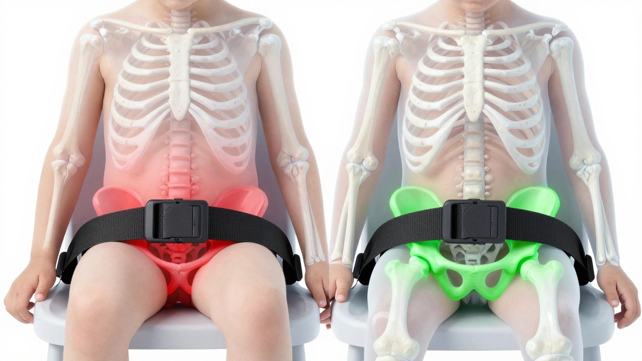 Illustration of seatbelt placement on a child's skeleton