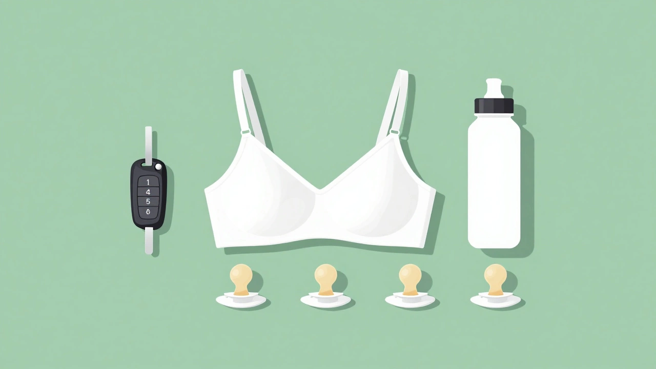 Minimalist flat lay of hospital bag essentials including pacifiers