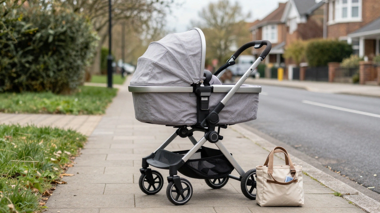 Modern baby stroller with bassinet parked on quiet suburban sidewalk