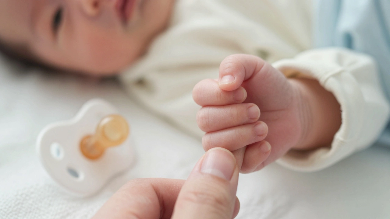 Newborn hand holding parent finger with pacifier nearby