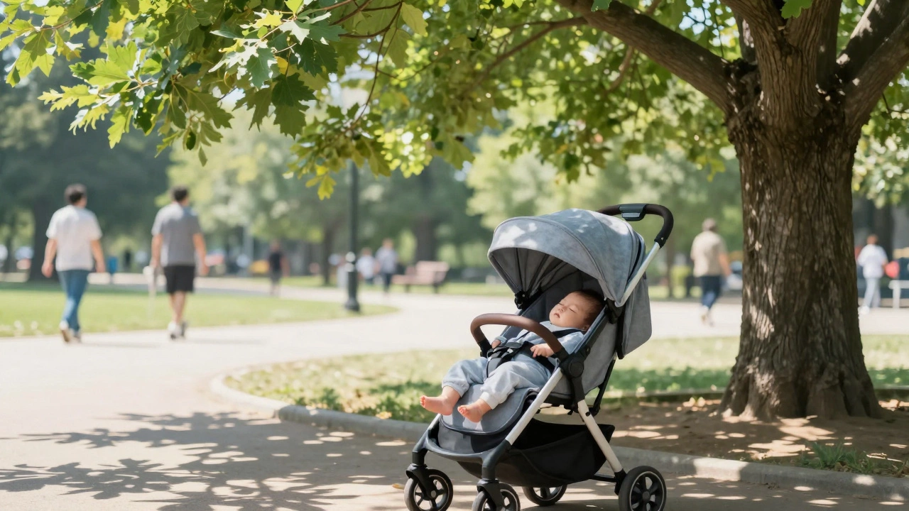 Newborn sleeping in stroller under tree shade in a peaceful park