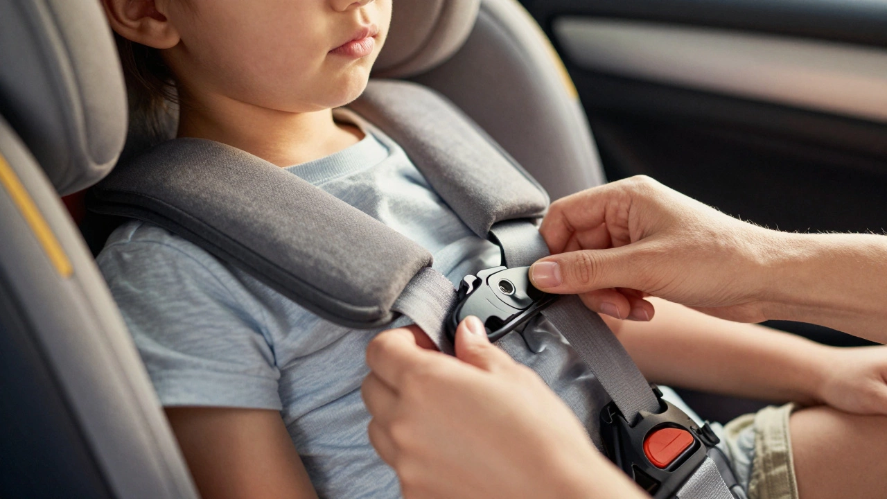 Parent adjusting seatbelt guides on a high-back booster