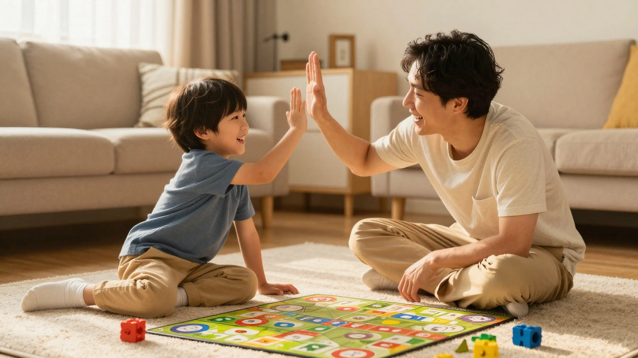 Parent and child enjoying cooperative board game