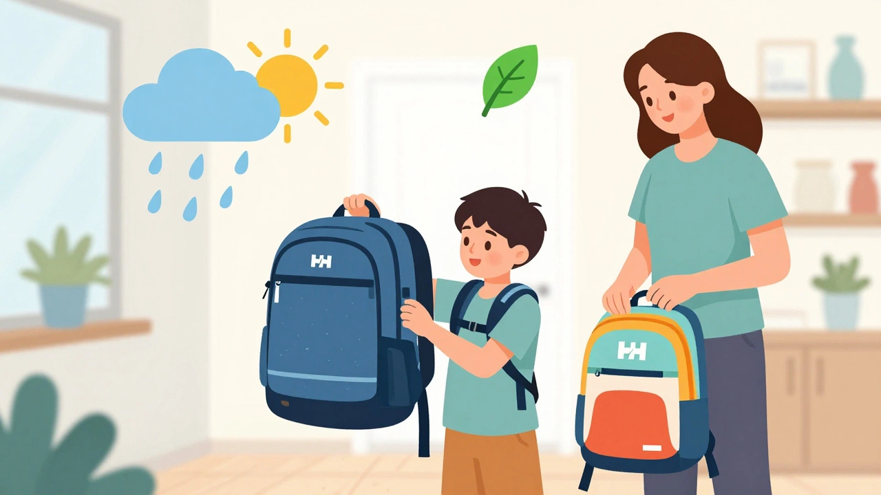 Parent and child selecting an ergonomic backpack, illustrating fit and sustainability choices.