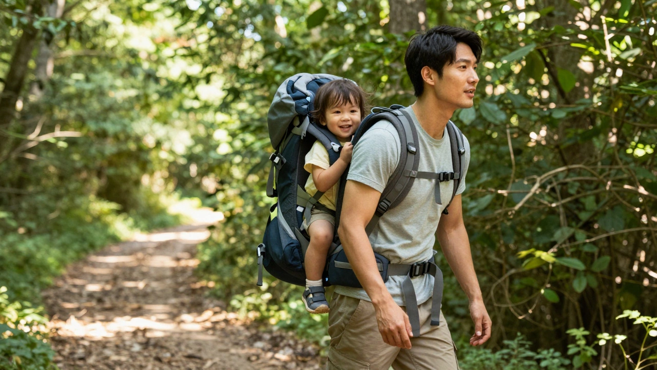 Parent hiking with toddler in a supportive rucking backpack