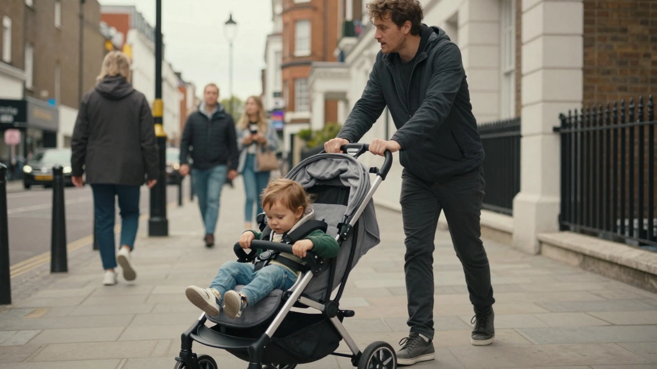 Parent pushing stroller while toddler climbs out, showing restlessness