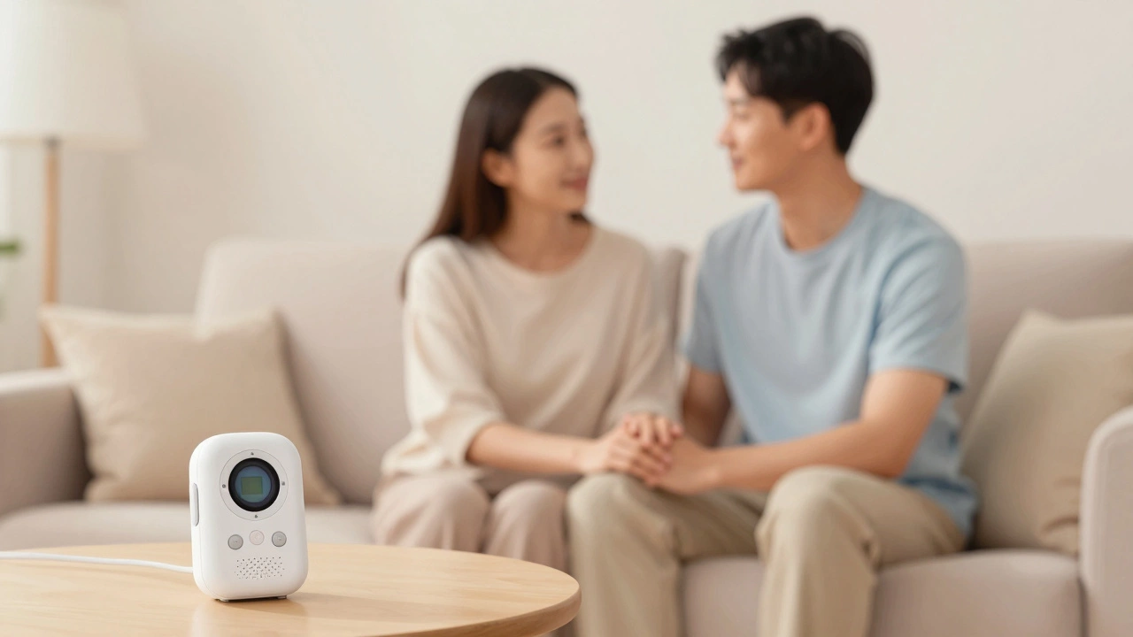 Parents relaxing with audio monitor in background