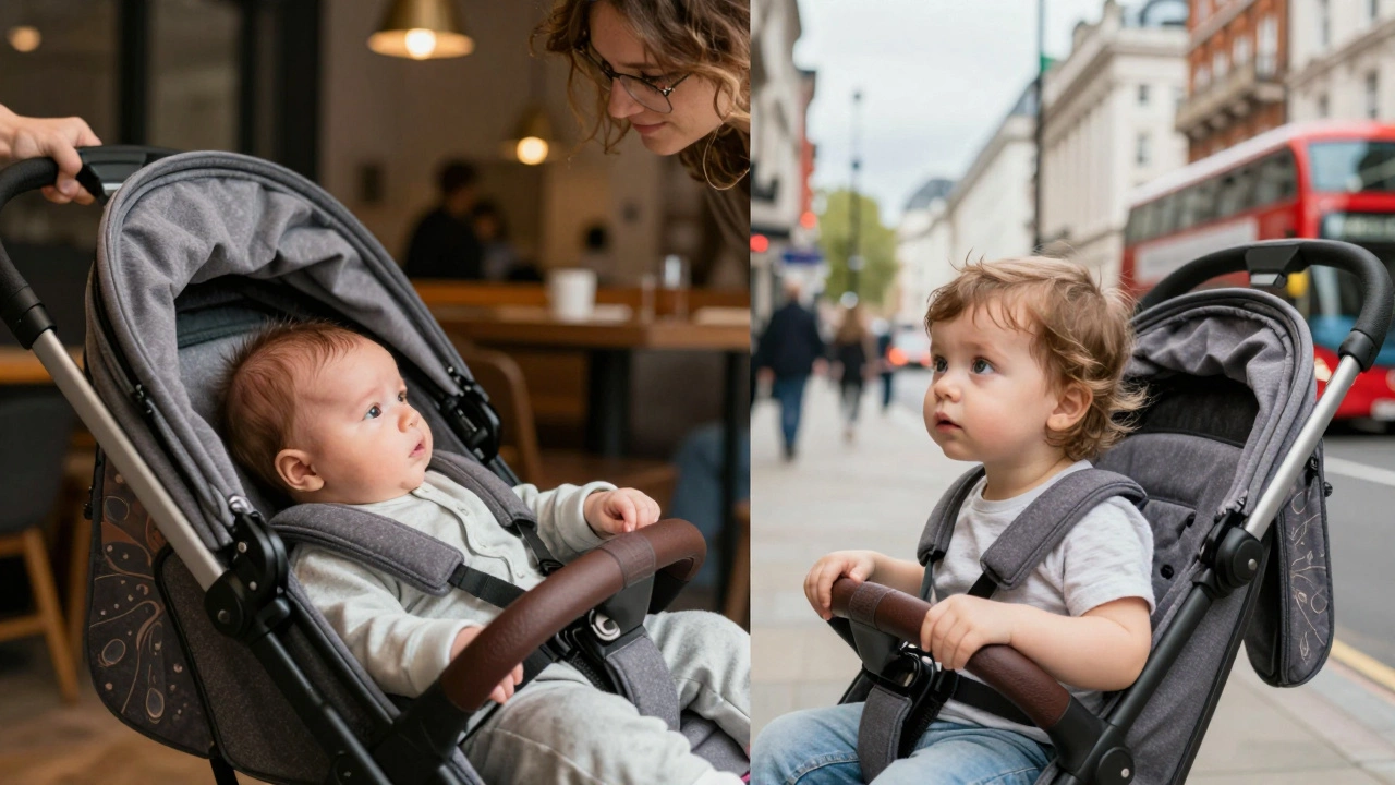 Split view of baby facing parent then world-facing in stroller
