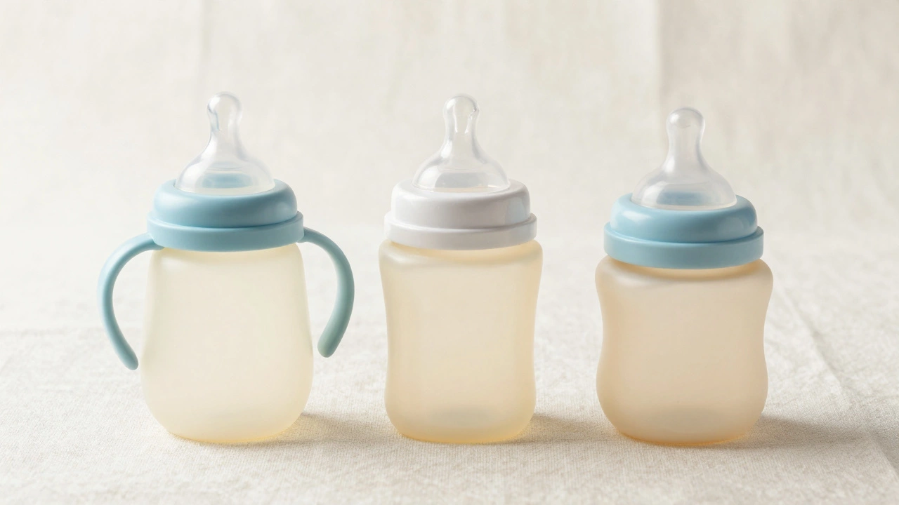 Three modern baby bottles with soft silicone nipples arranged on a neutral linen background