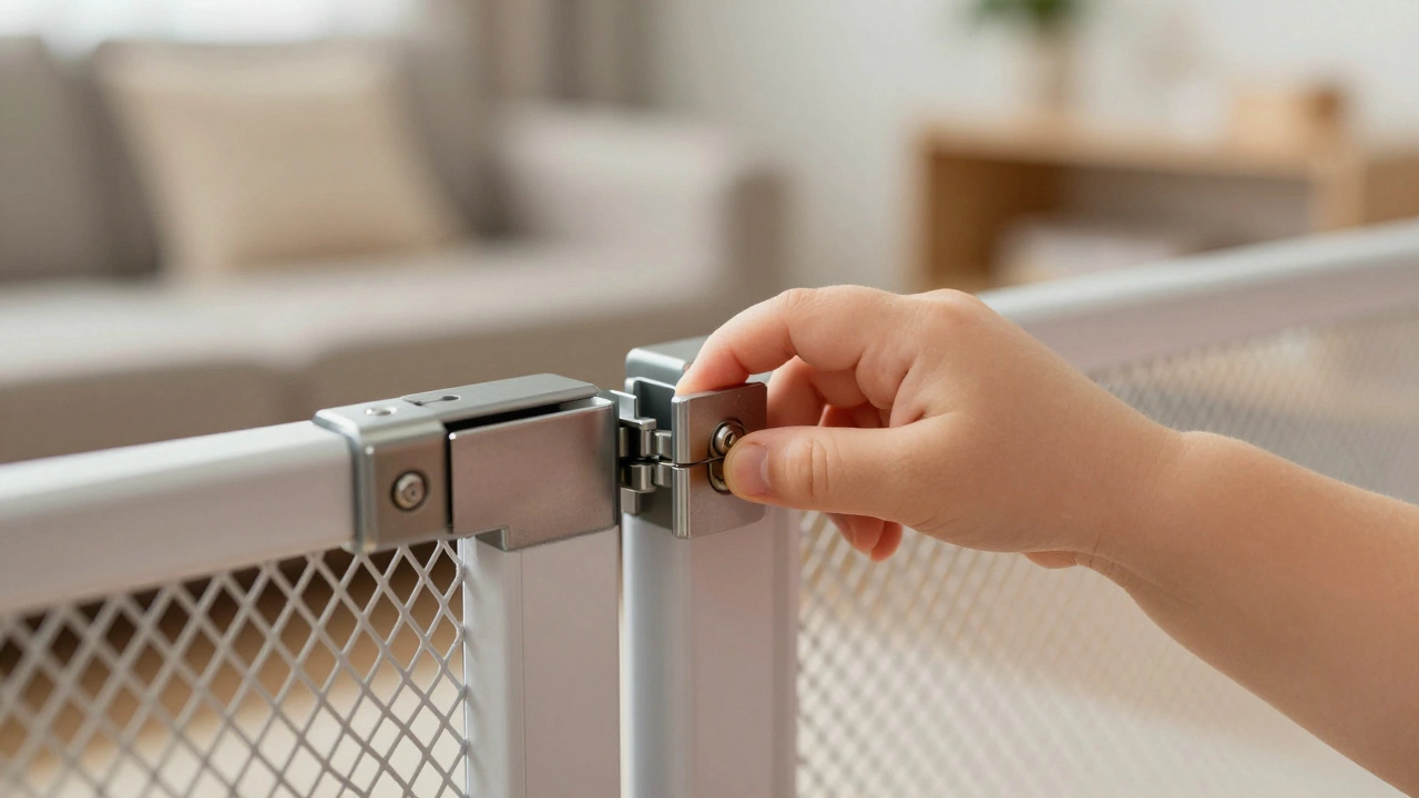 Toddler finger near baby gate latch pinch point hazard