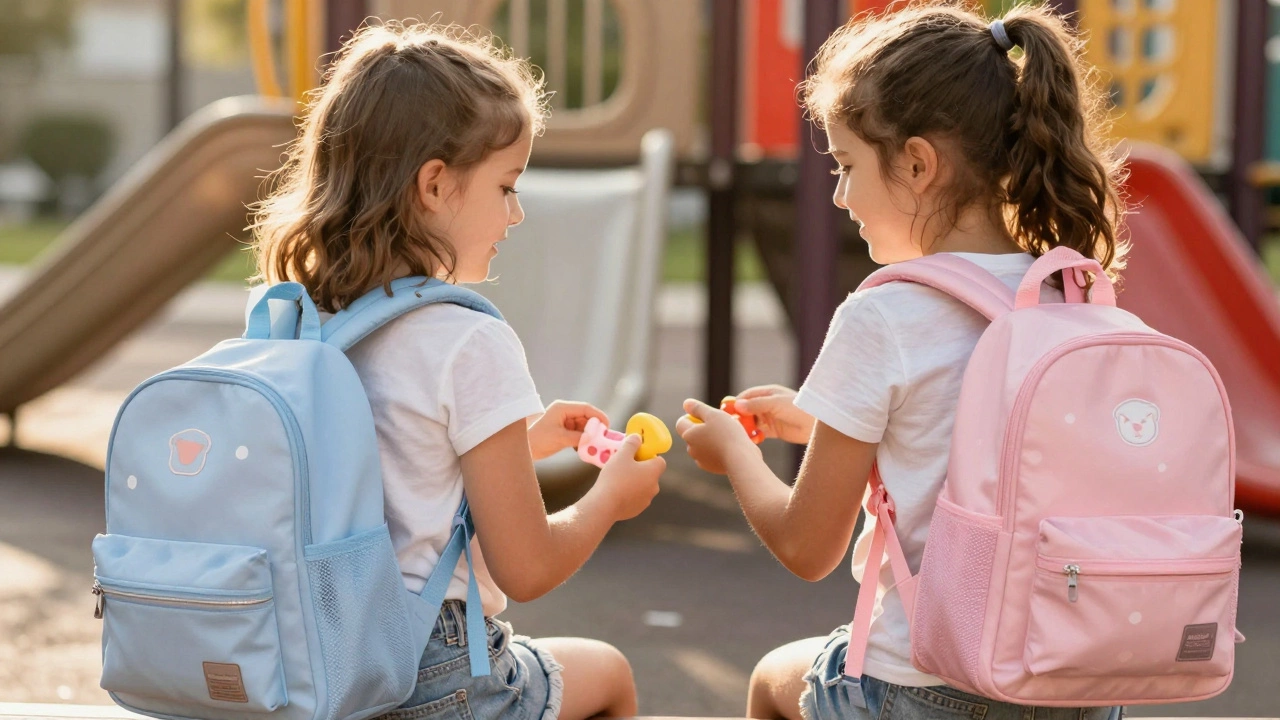 Two girls playing with matching mini backpacks