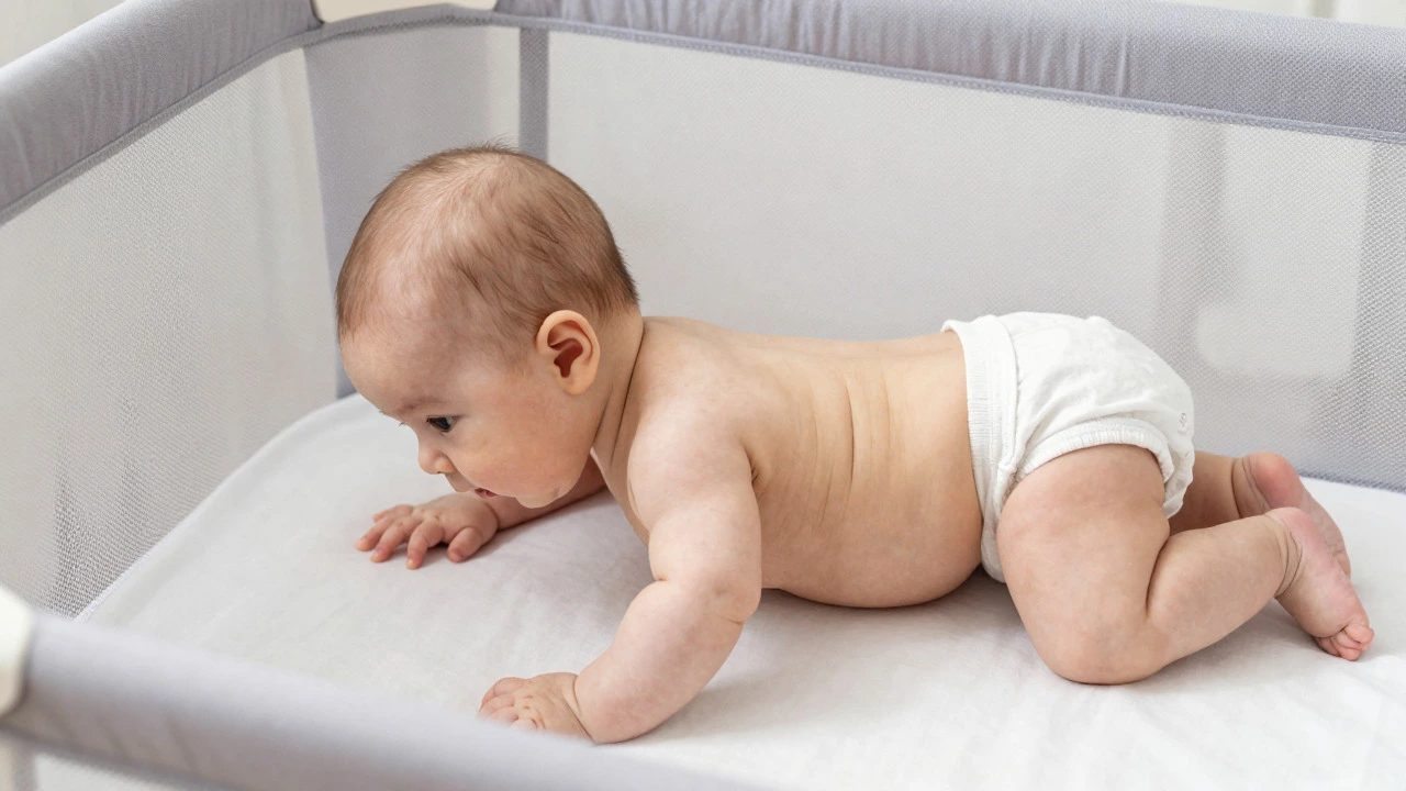 Baby attempting to roll over in a bassinet, showing cramped space