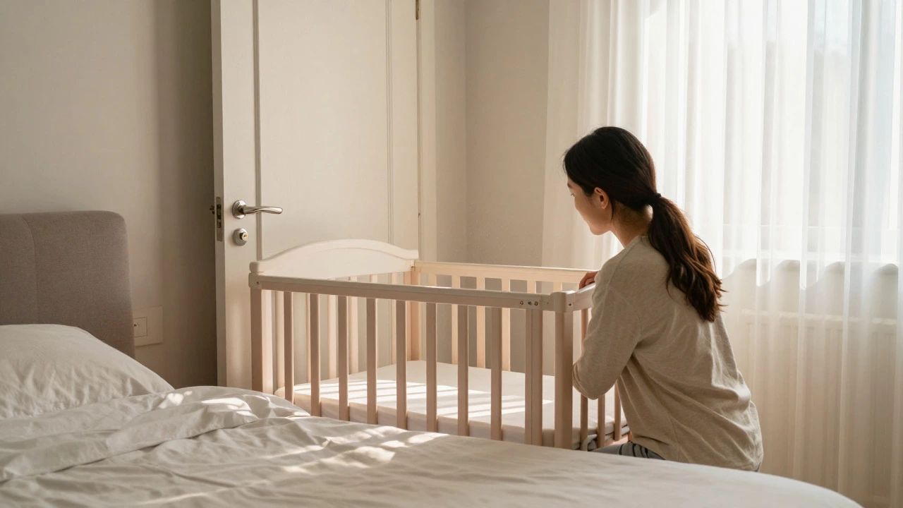 Baby crib next to parents bed in sunlit shared room