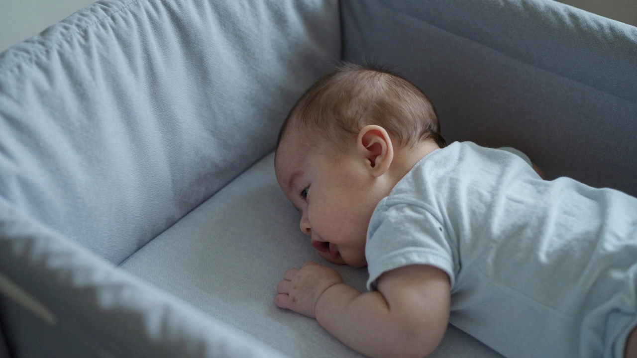 Baby rolling over in bassinet showing safety risk