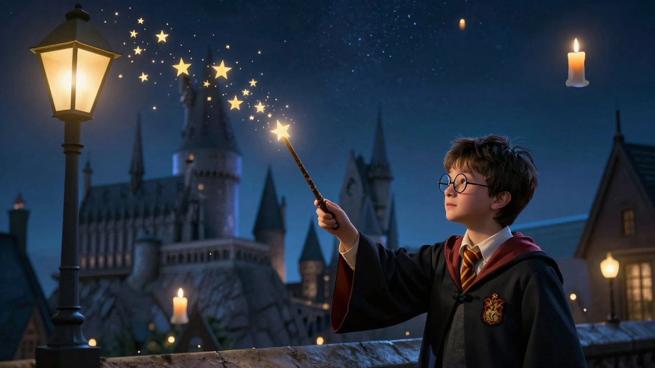 Boy with wand casting magic near Hogwarts castle silhouette