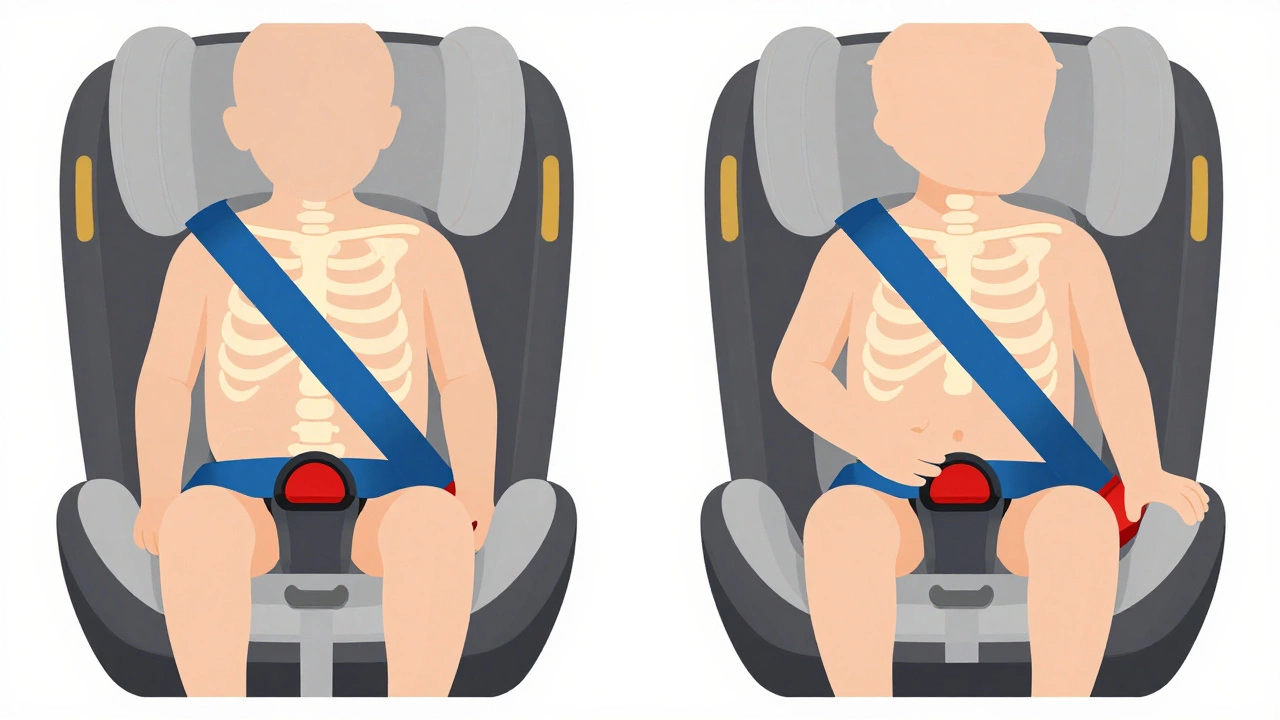 Diagram showing correct vs incorrect seat belt fit on hips